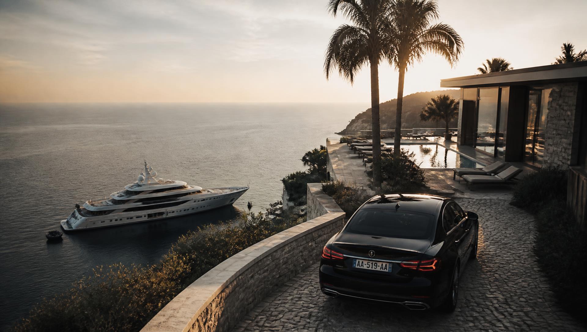 Yacht privé amarré sous une villa contemporaine avec une voiture de luxe dans l'allée